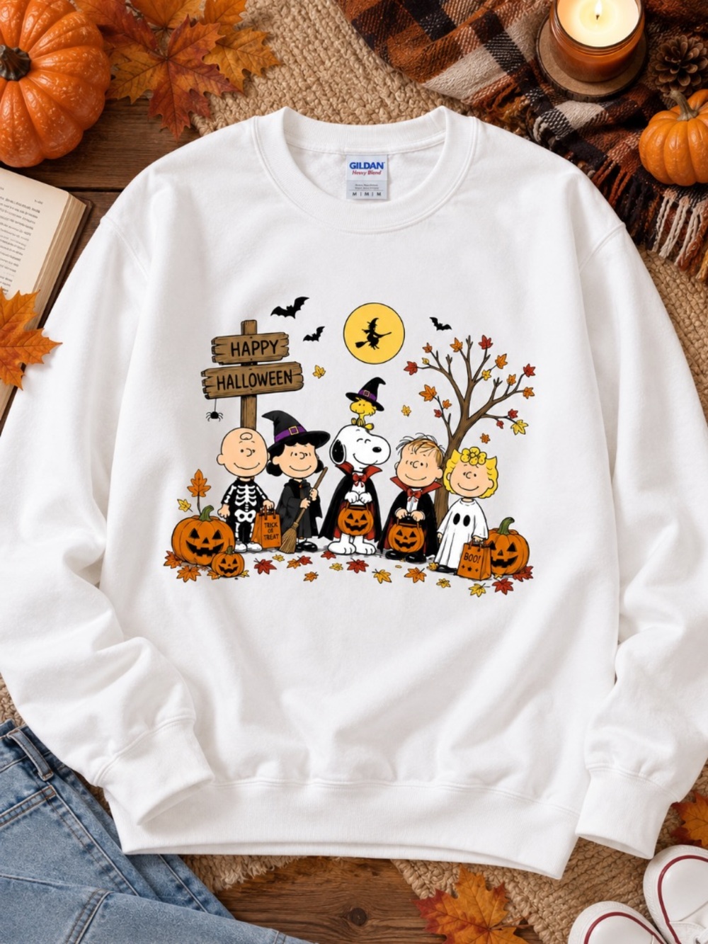 Happy Halloween Shirt Trick Or Treat Friends Graphic Sweatshirt Gildan White